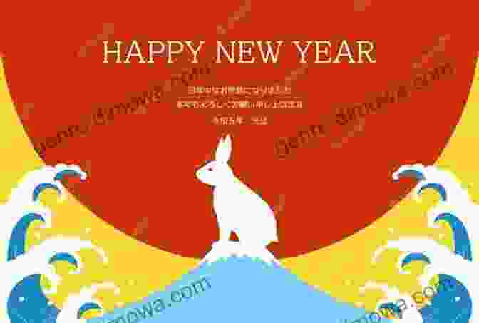 Nira Japanese New Year Greeting Card Featuring A Rabbit Surrounded By Auspicious Symbols Such As Pine Branches, Bamboo Stalks, And Chrysanthemums. Floral Theme: Nira S Japanese New Year Greeting Cards Collection